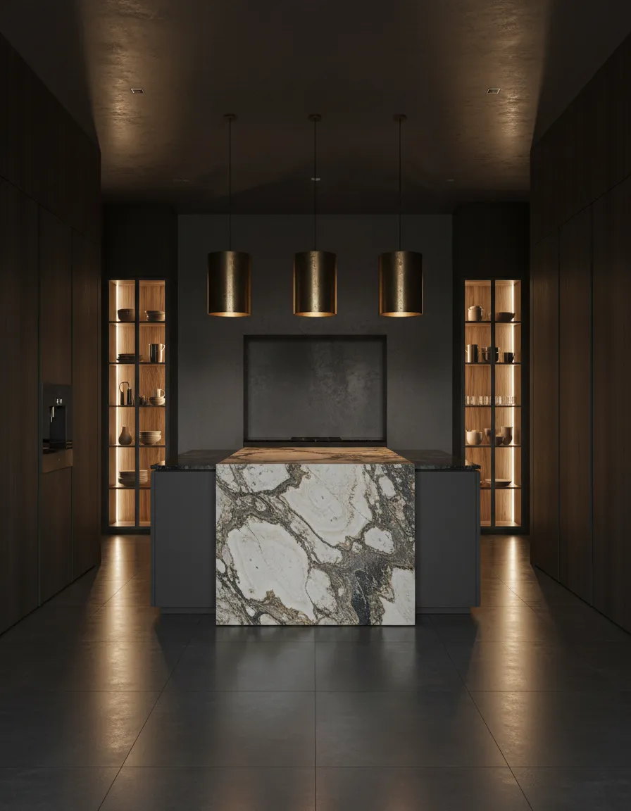 Oversized seamless custom granite island in a kitchen