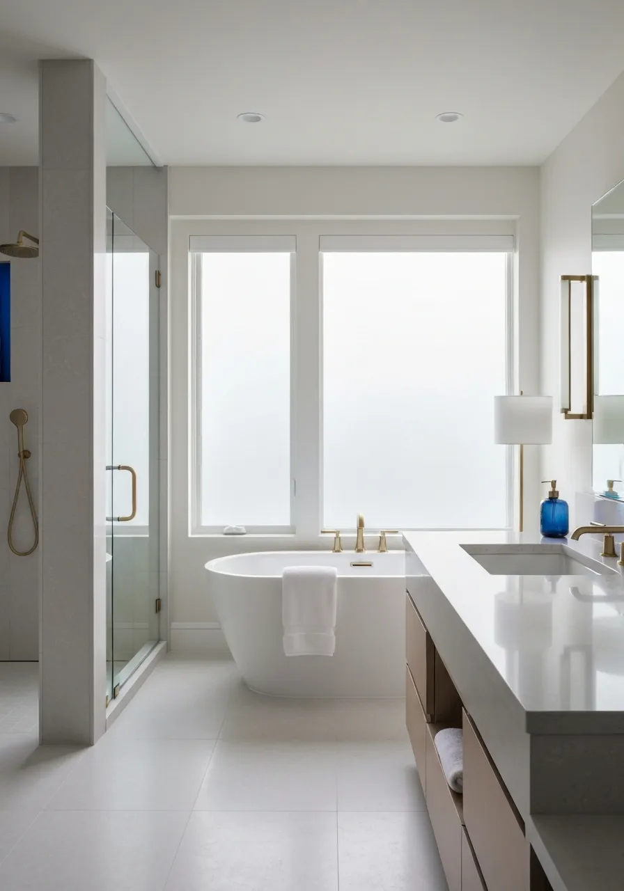A modernized luxury bathroom space featuring expansive airy design and sophisticated natural stone