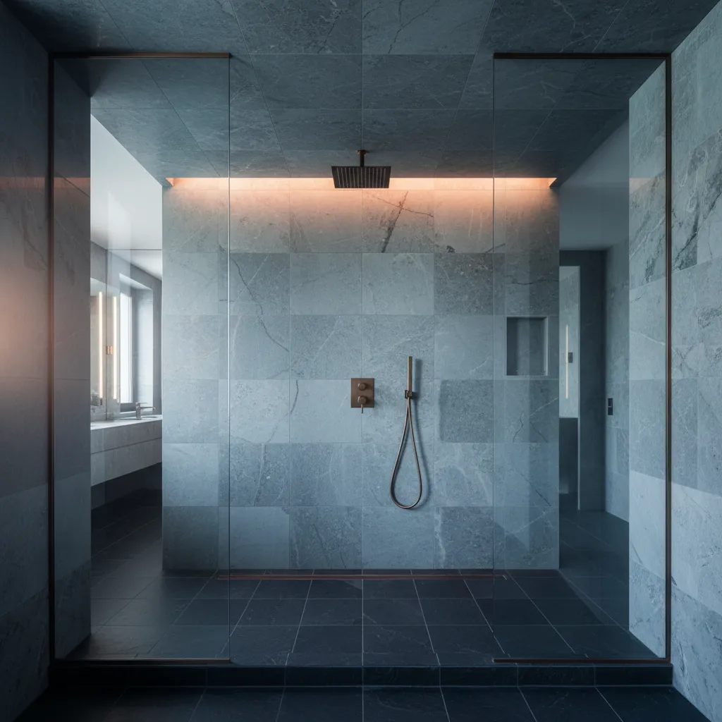 Luxurious custom stone shower with frameless glass enclosure in a New Caney home