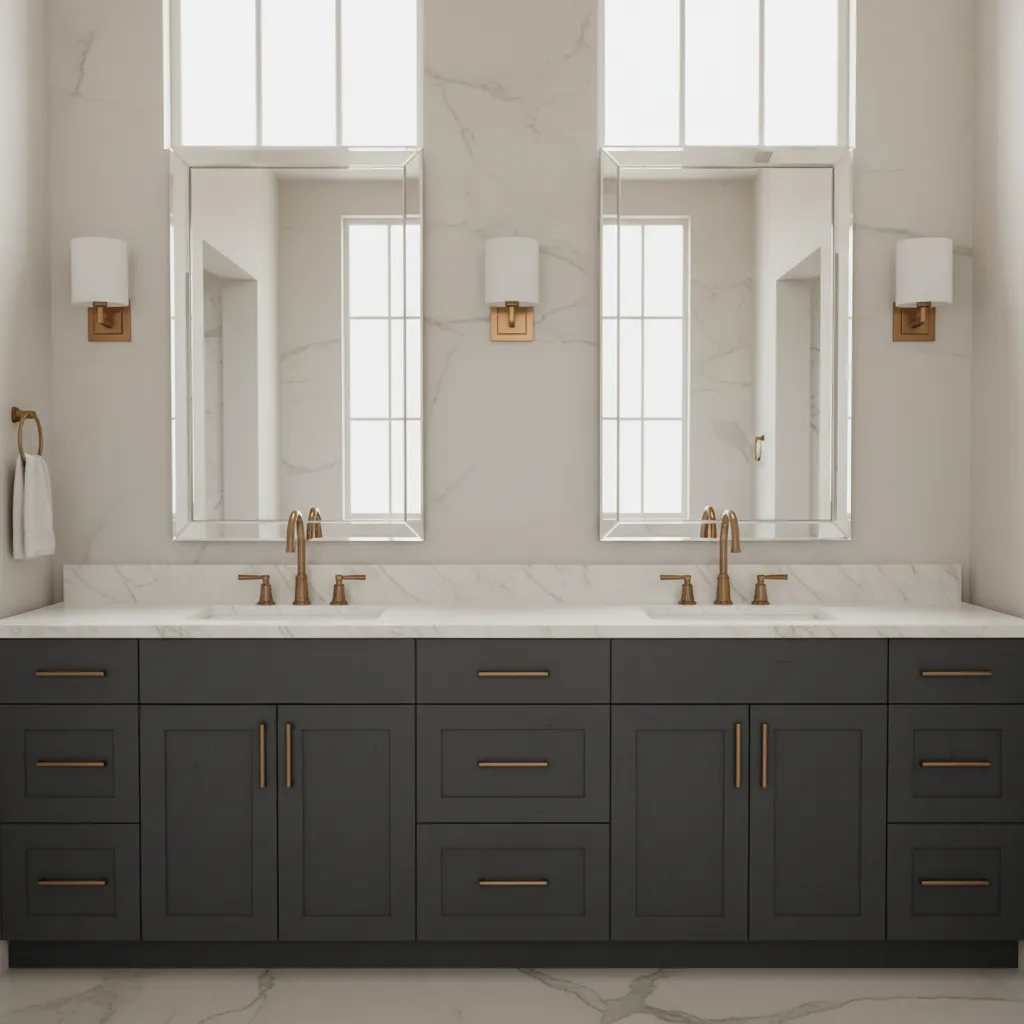 Elegant double vanity with marble countertop and modern bathroom fixtures
