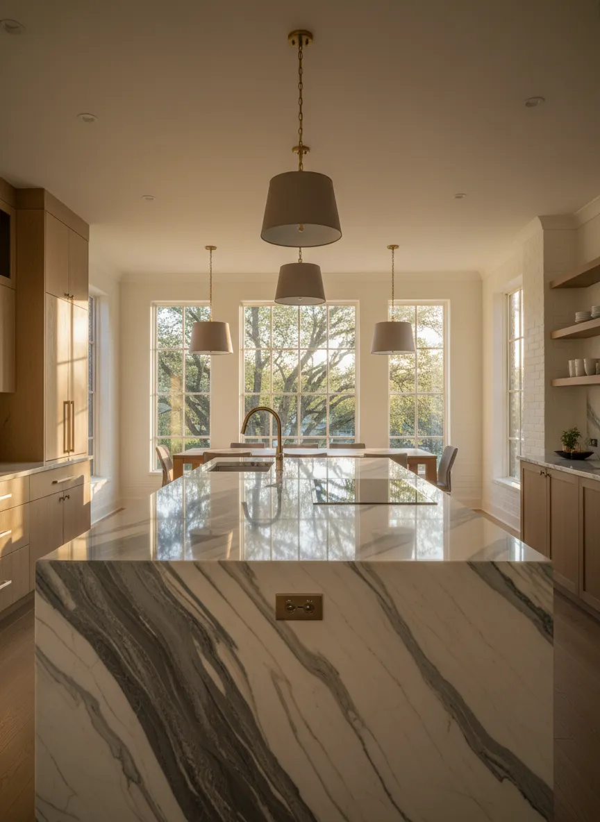 Luxurious marble kitchen island in a modern farmhouse style Bellaire home