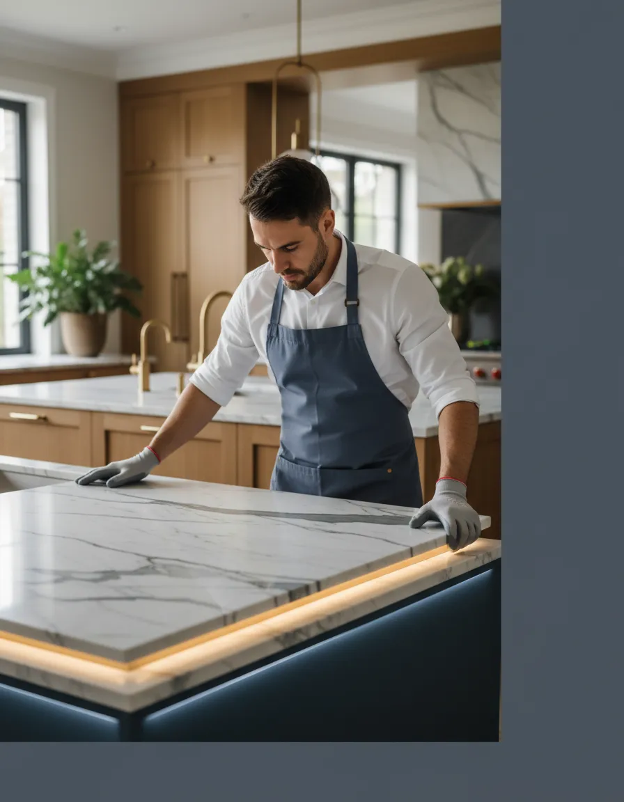 Masterful artisan installing a custom marble countertop in a New Caney home