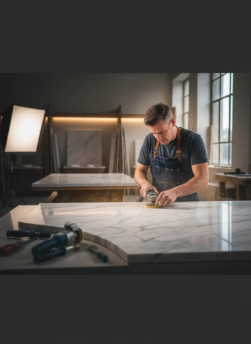 A master craftsman carefully shaping and polishing a custom marble countertop.