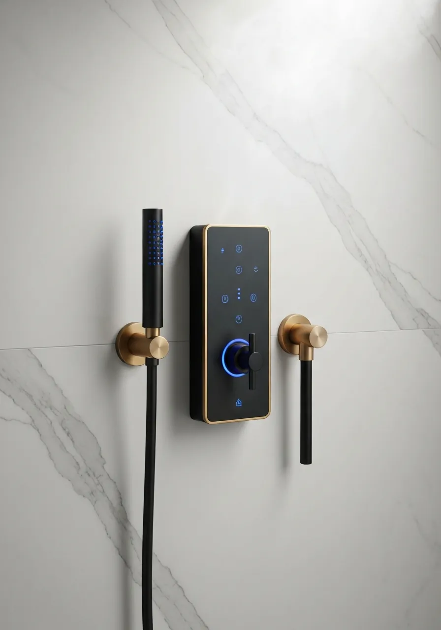 Luxurious smart shower fixture against textured stone wall