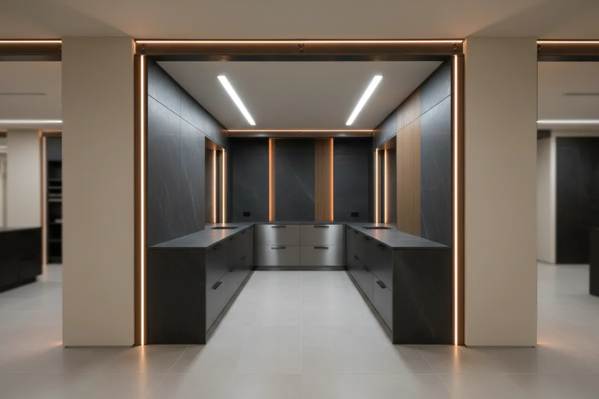 Commercial interior space with high durability finishes and strict architectural lines