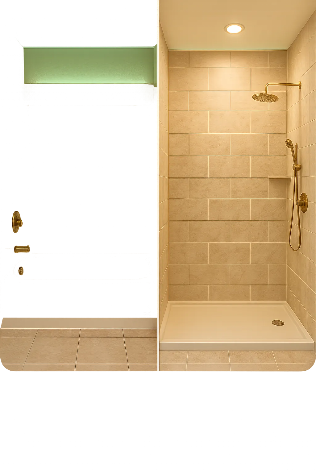 Tub to shower conversion technical composite showing before and after