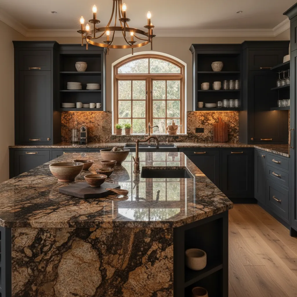 Raw natural granite slab showcasing organic textures and precise 4px stone cut edges, ideal for Kingwood residential architecture