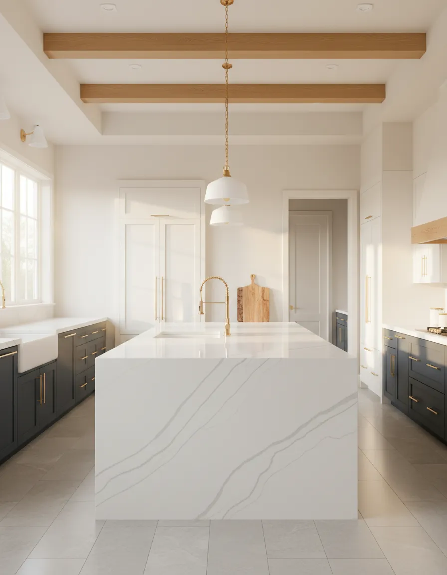 Modern Farmhouse white quartz kitchen island in The Woodlands