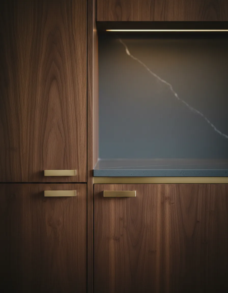 Close up of organic wood cabinetry meeting a pristine gray quartz slab with gold accents