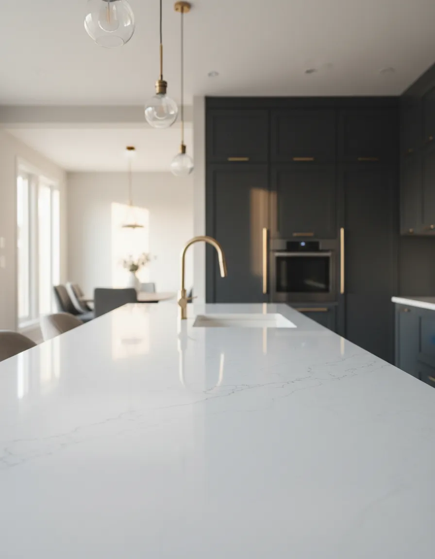 Sleek white quartz countertop in a modern open concept kitchen in Spring