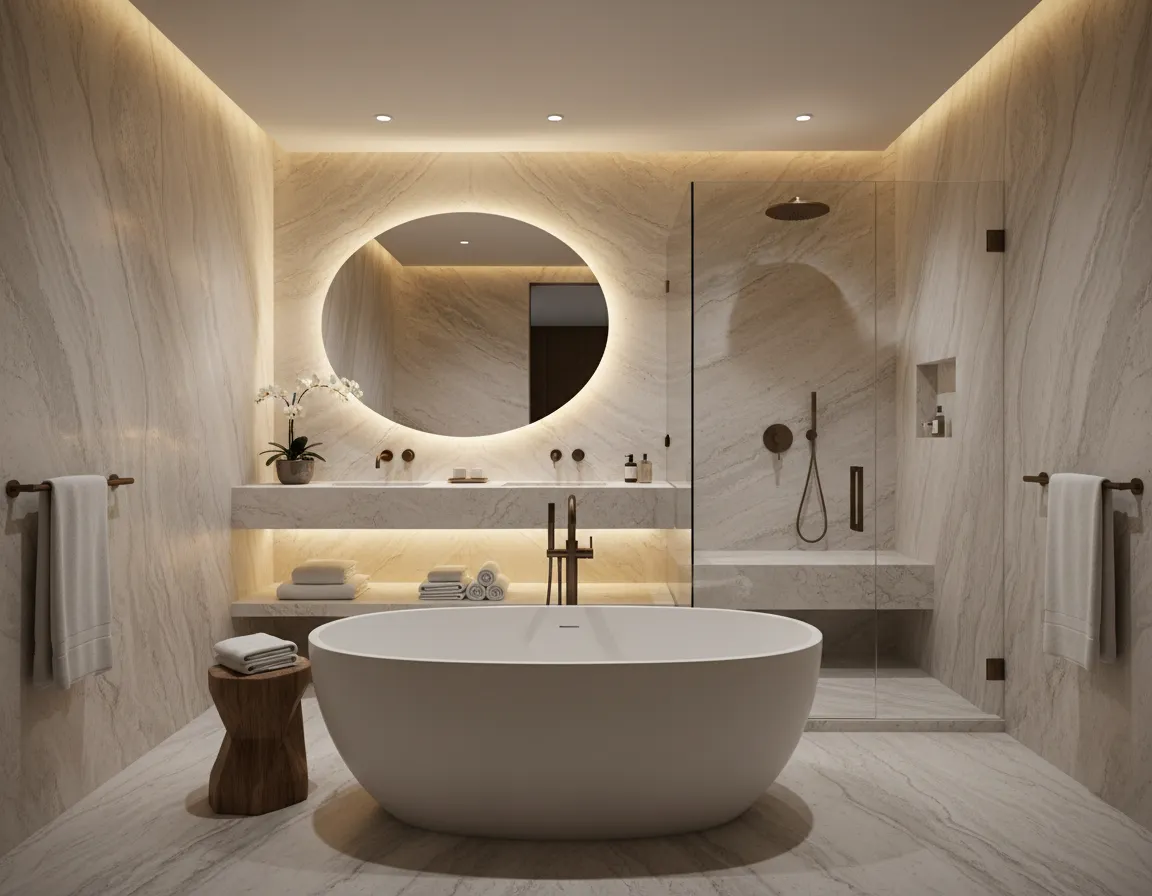 High-end spa-like bathroom renovation with frameless glass and luxury tiles