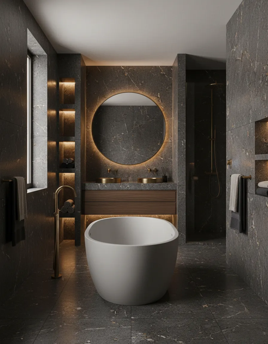 Luxurious bathroom remodel with custom stonework