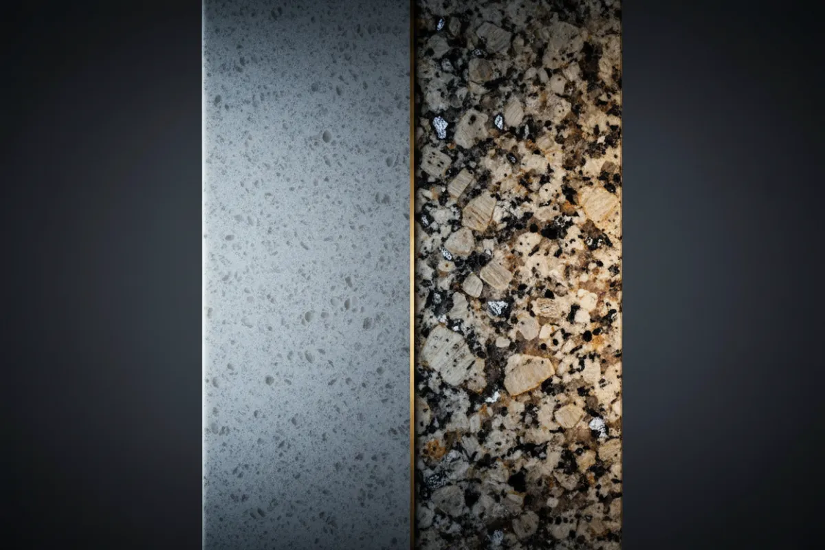 Close up of consistent quartz and granite countertop textures
