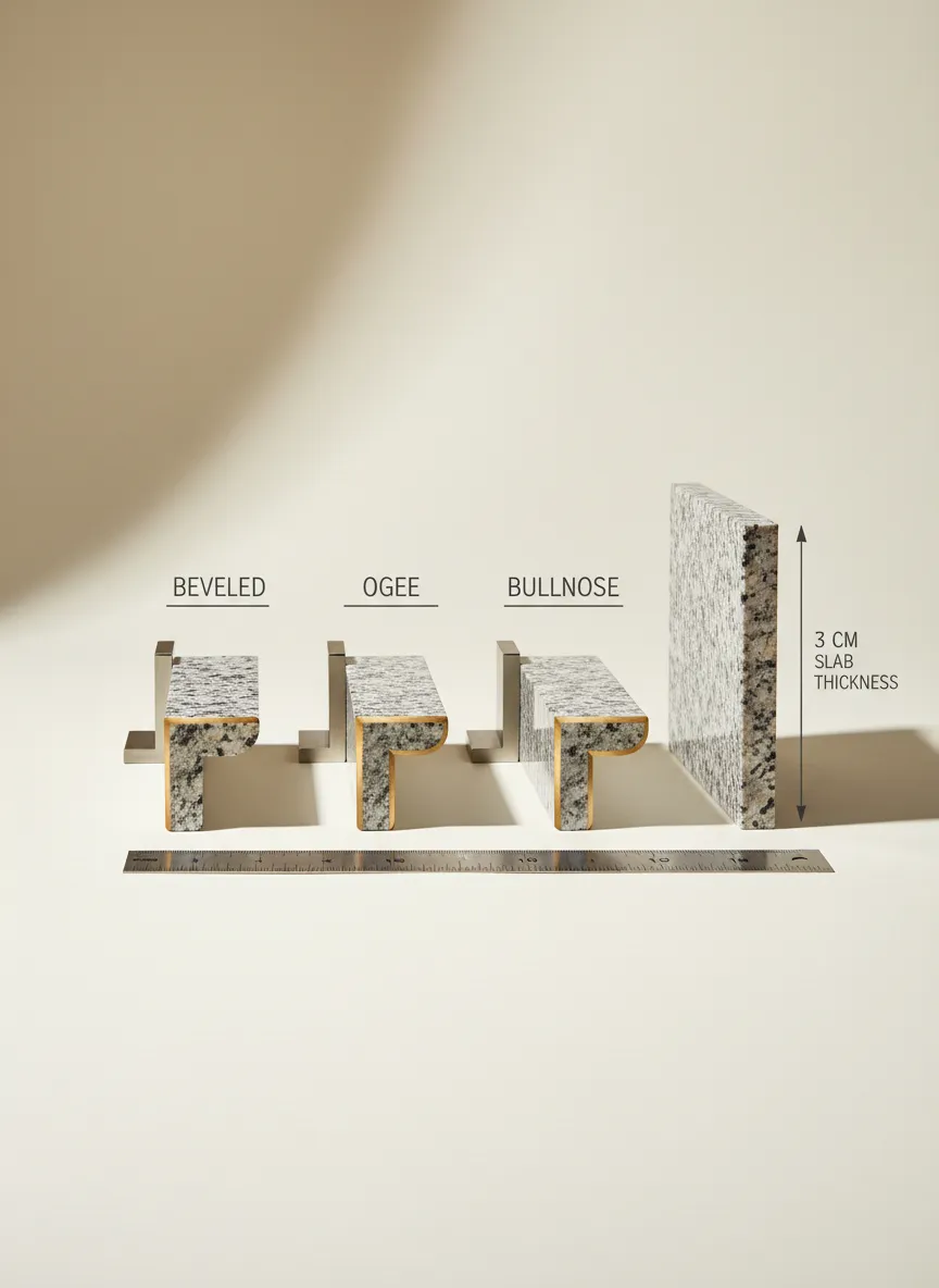 Technical diagram demonstrating granite slab 3cm thickness and common edge profile geometries.