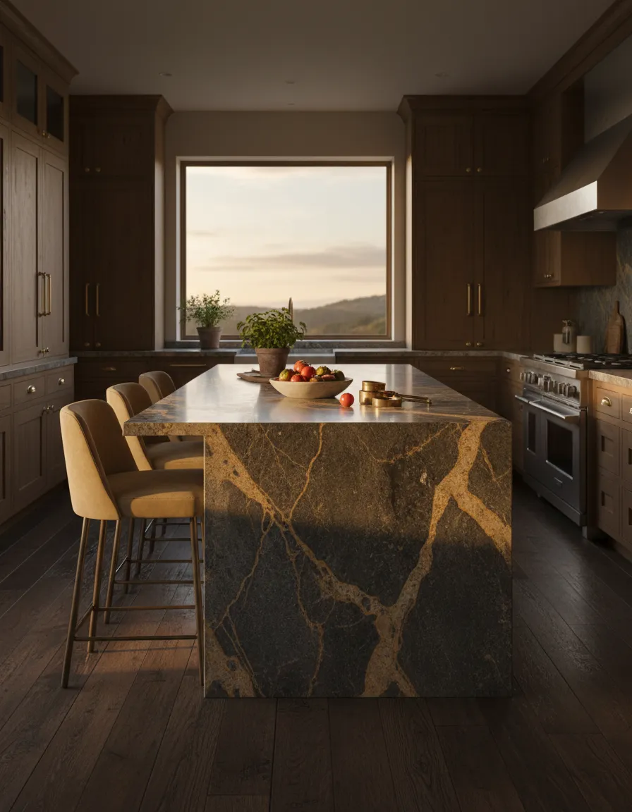 Wide angle showcasing the long term durability and sophisticated design of a completed granite kitchen countertop