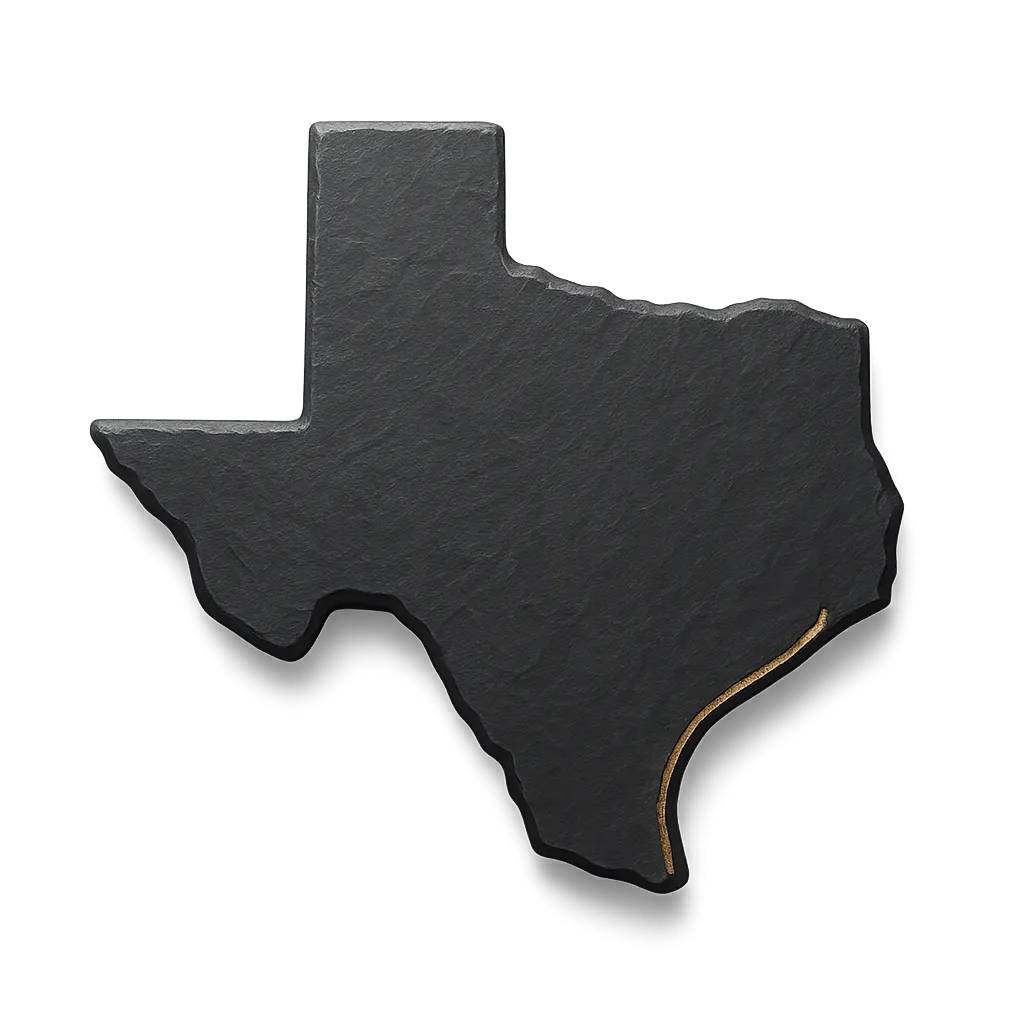 Stylized stone-textured map graphic of Texas highlighting our Greater Houston and Bellaire service coverage areas.