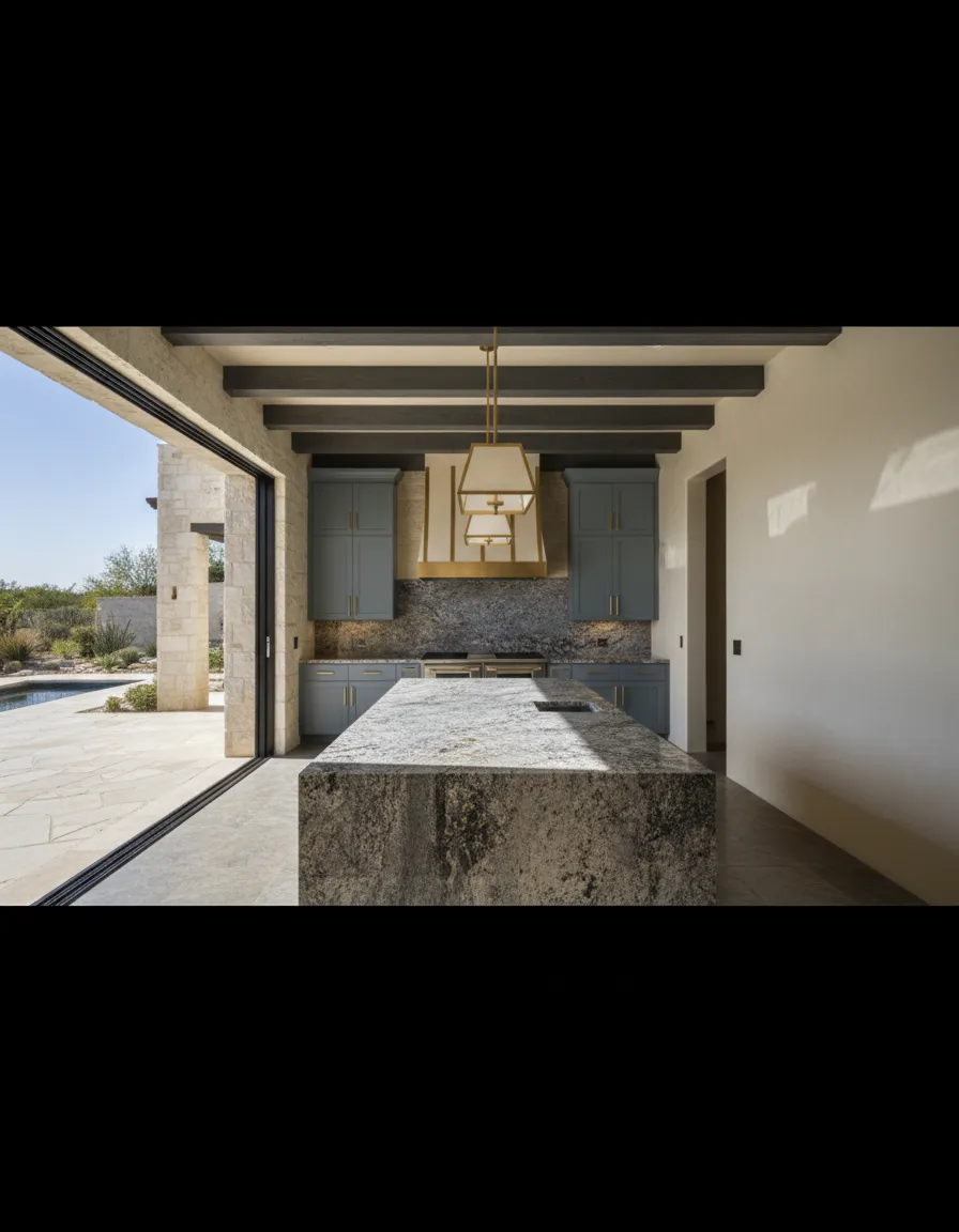 Luxurious outdoor patio kitchen featuring seamless Texas stonework and granite countertops