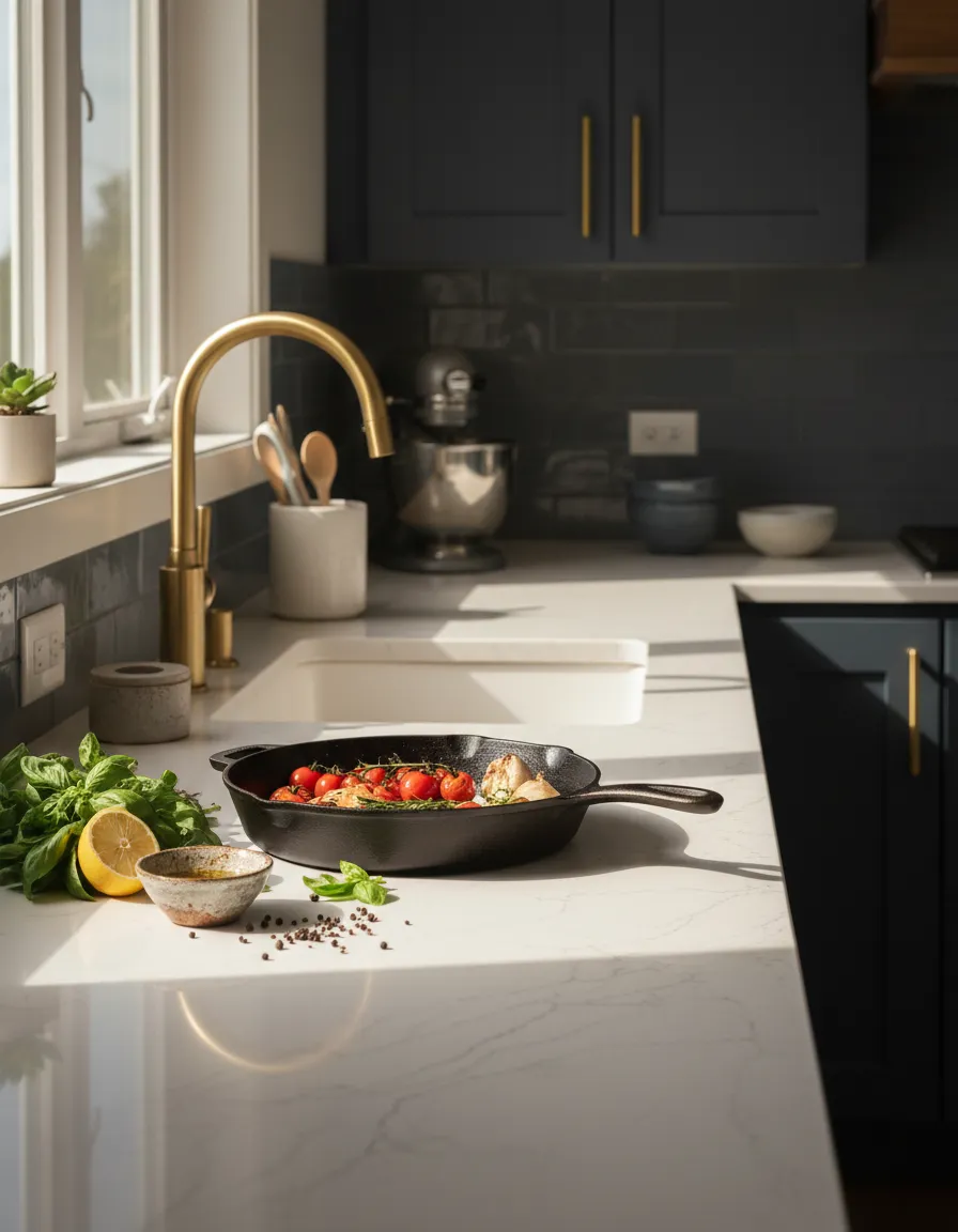 A beautiful, highly resilient quartz countertop installed in a busy Texas kitchen