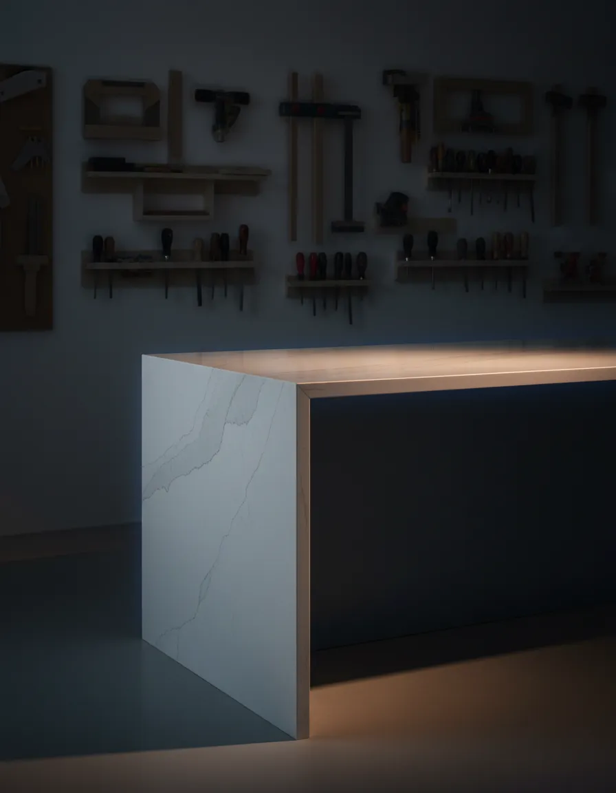 Precision fabricated quartz countertop edge detail showing flawless joints