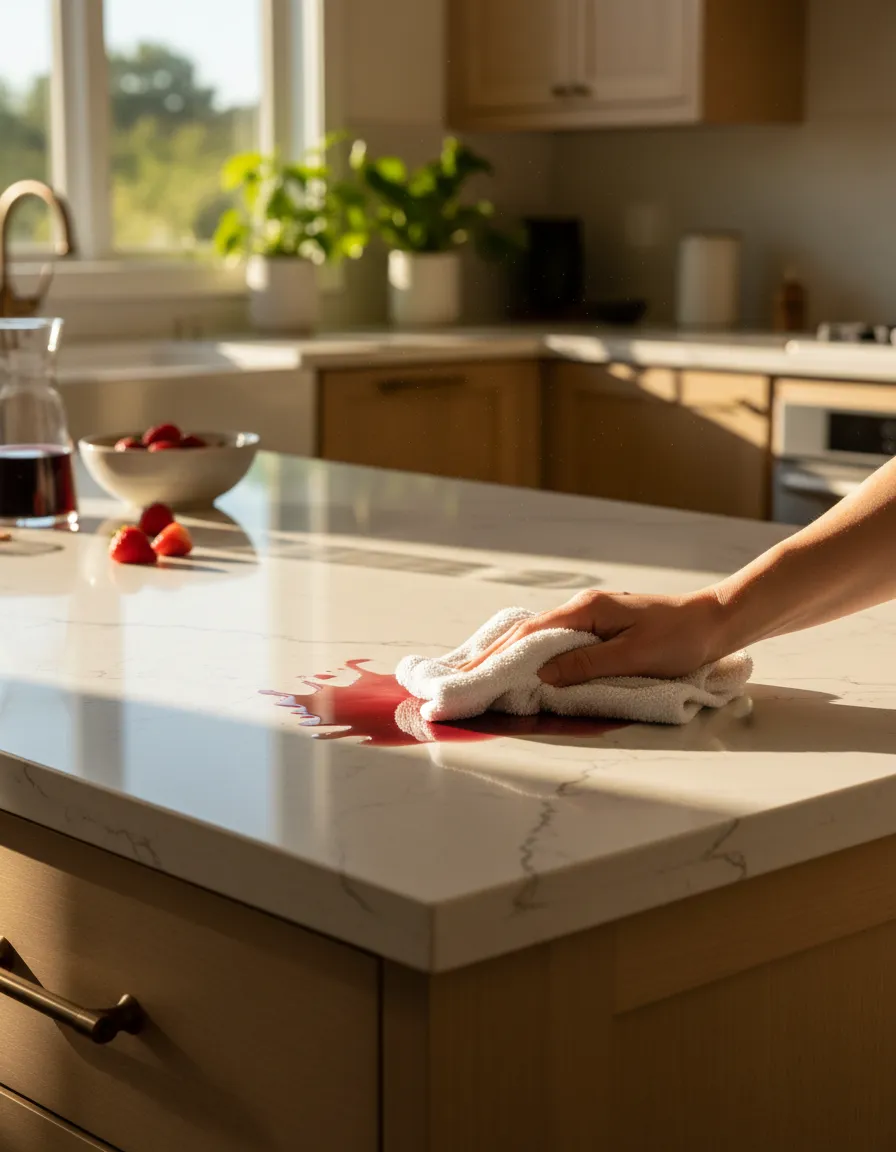 Non-porous spill resistant quartz surface being easily cleaned