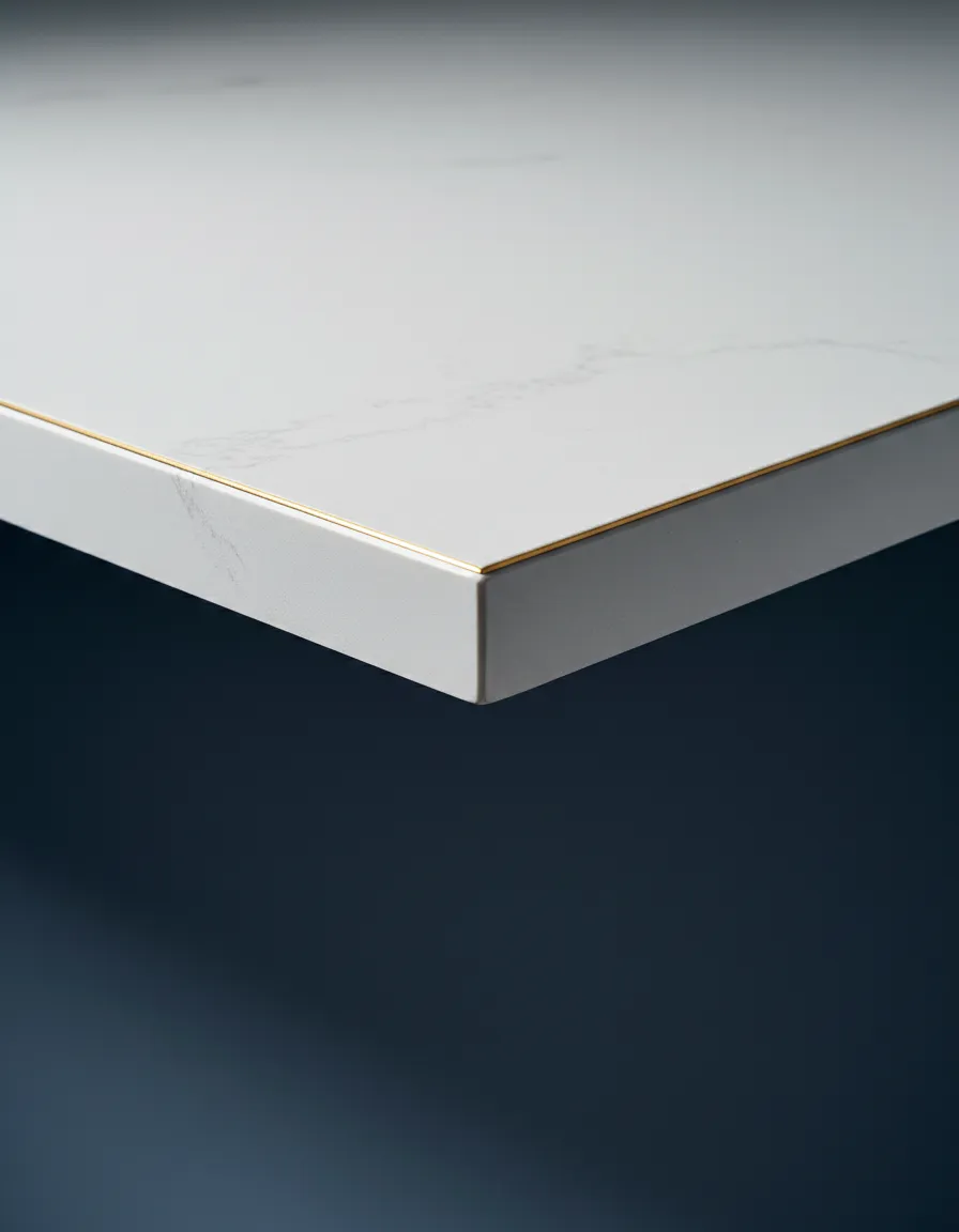 Close up of a precisely fabricated quartz edge profile demonstrating expert craftsmanship