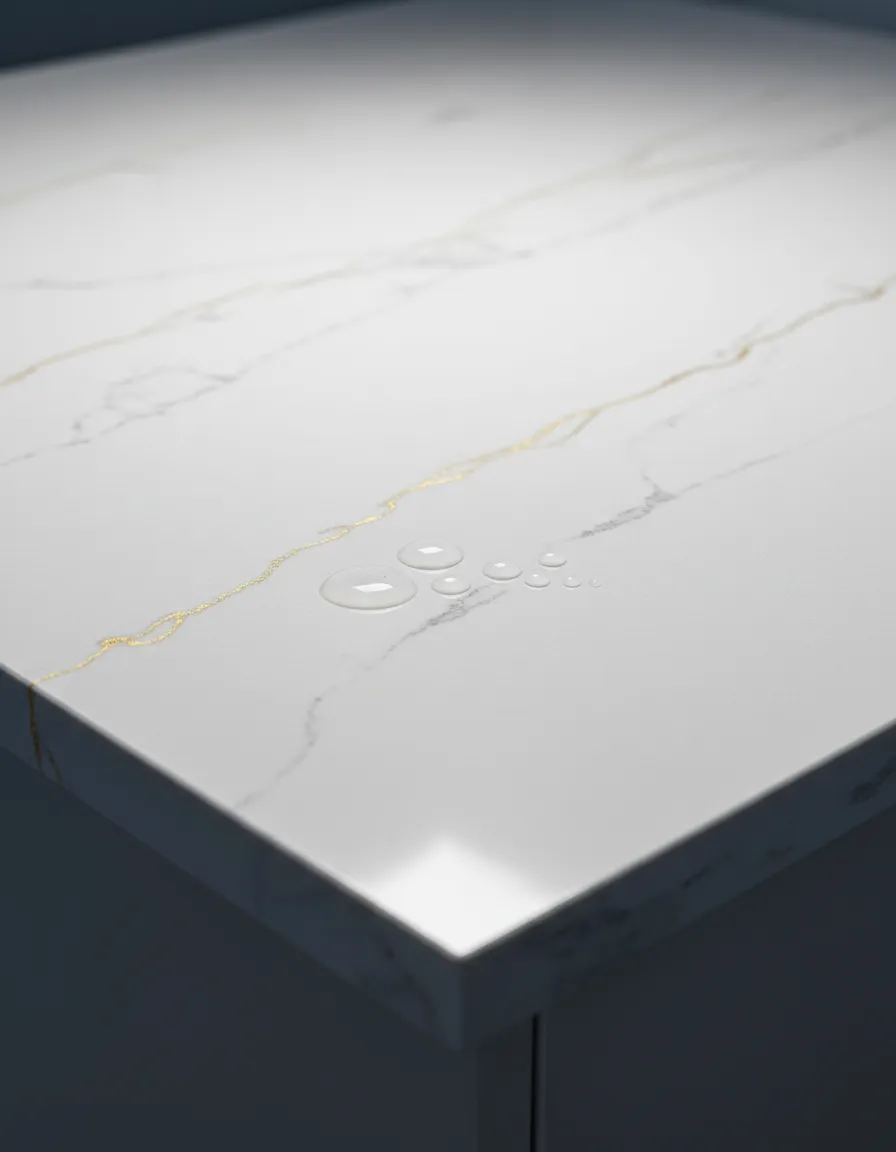 Detailed view of non-porous quartz countertop highlighting stain resistance against a spill