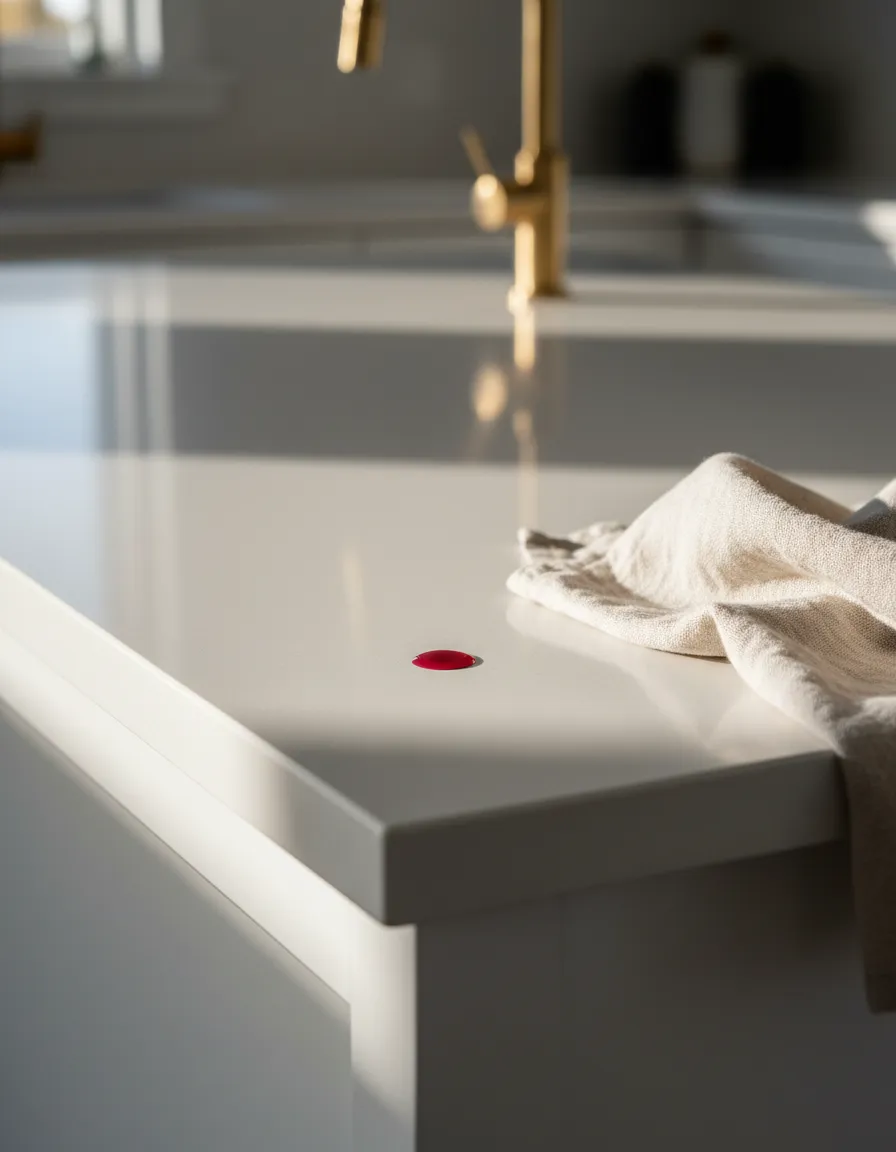 Architectural kitchen island showcasing pristine stain and heat resistant quartz countertops