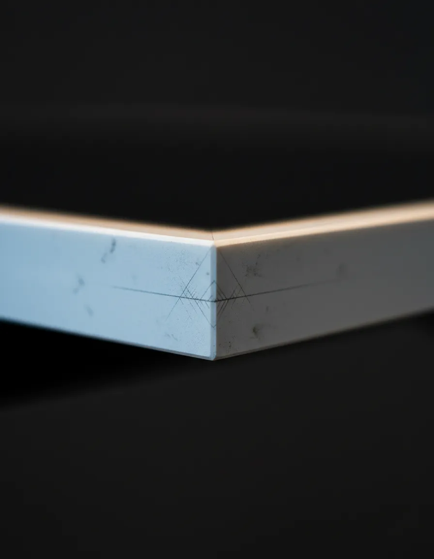 Close up of precision CNC templating and diamond blade cutting on an engineered stone edge