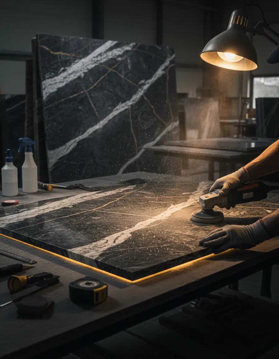 Artisan cutting and edge profiling of granite slab