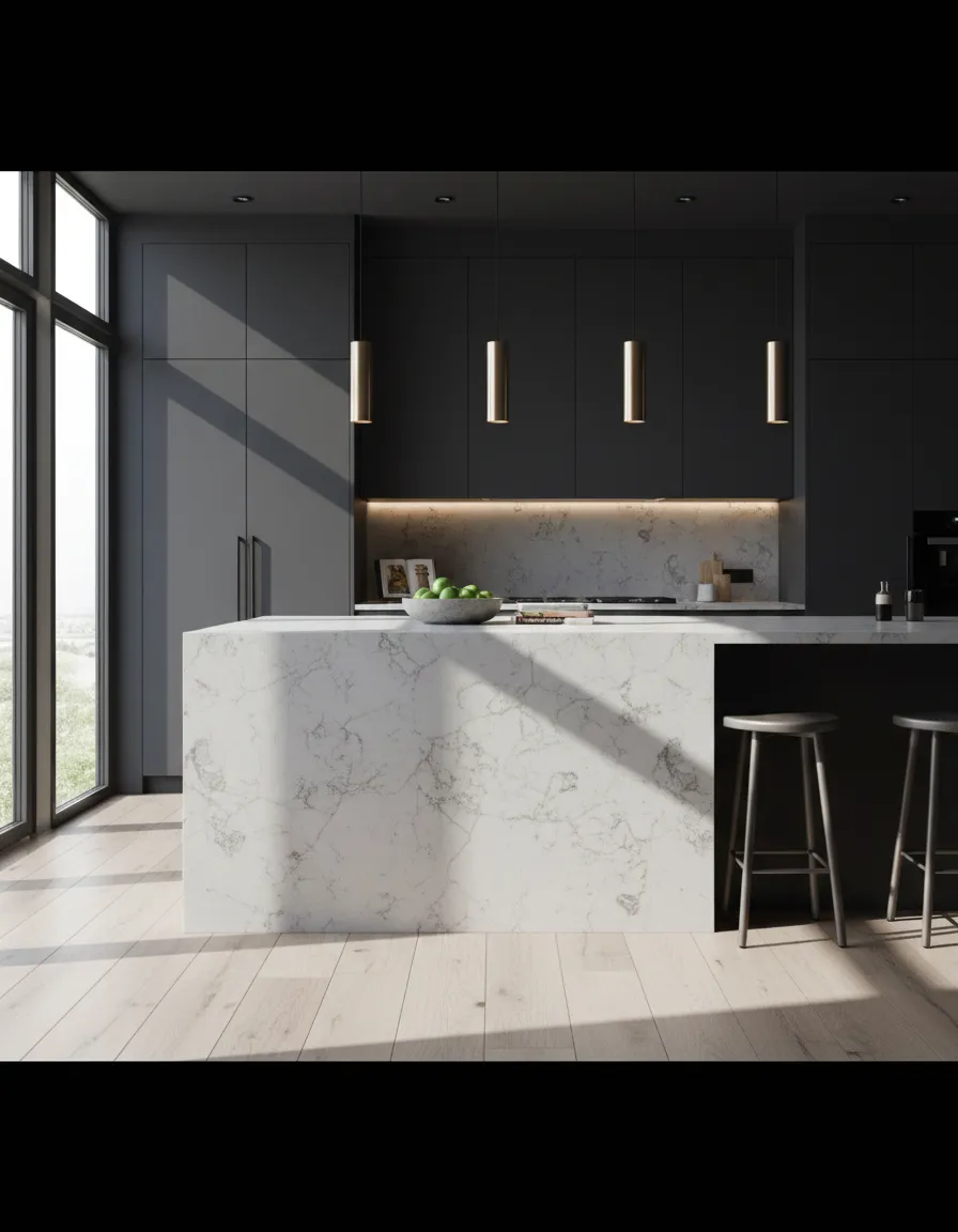 Architectural photography displaying a highly durable engineered quartz stone surface exposed to natural light