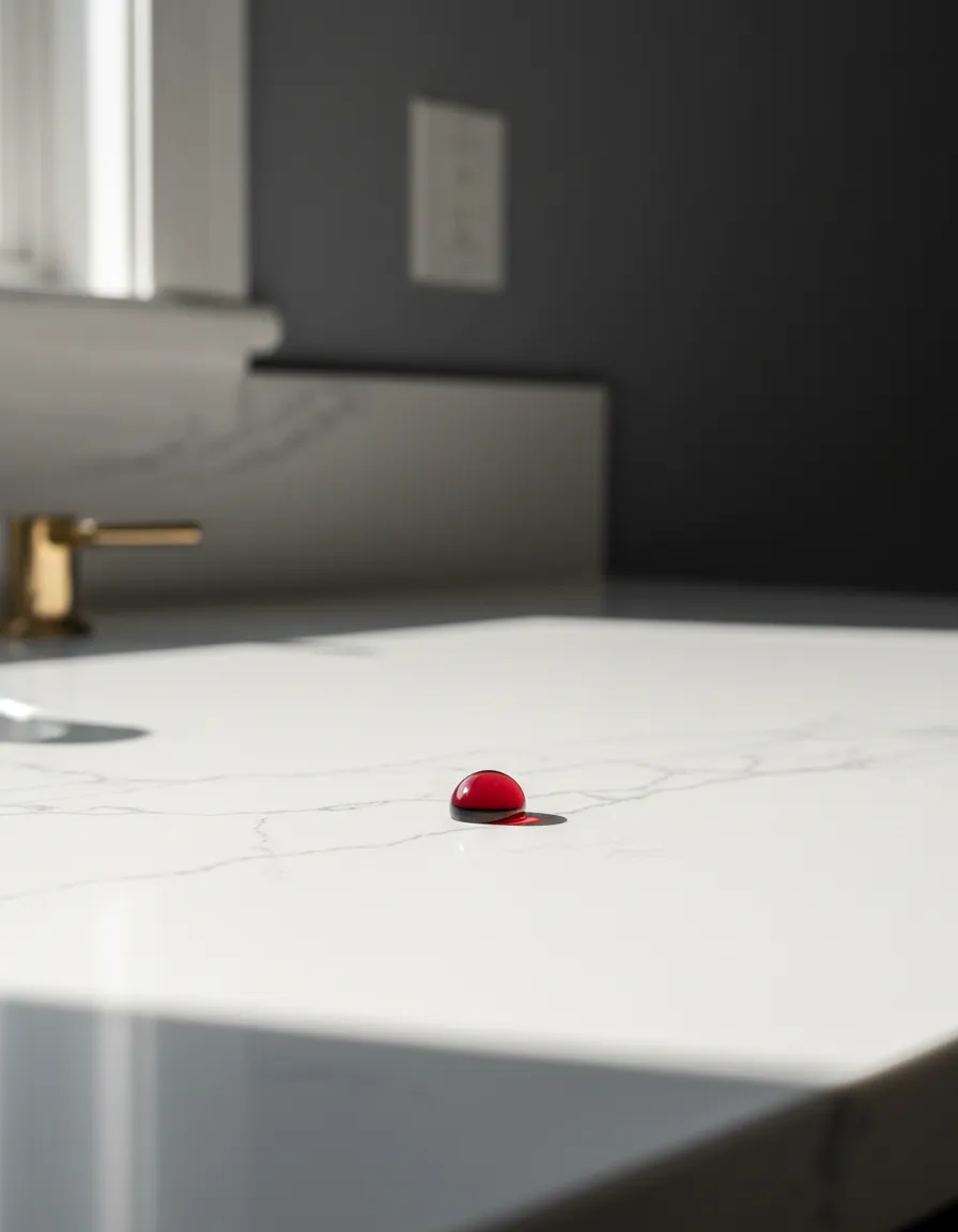 High-contrast architectural photography demonstrating a pristine, non-porous quartz surface in a kitchen setting