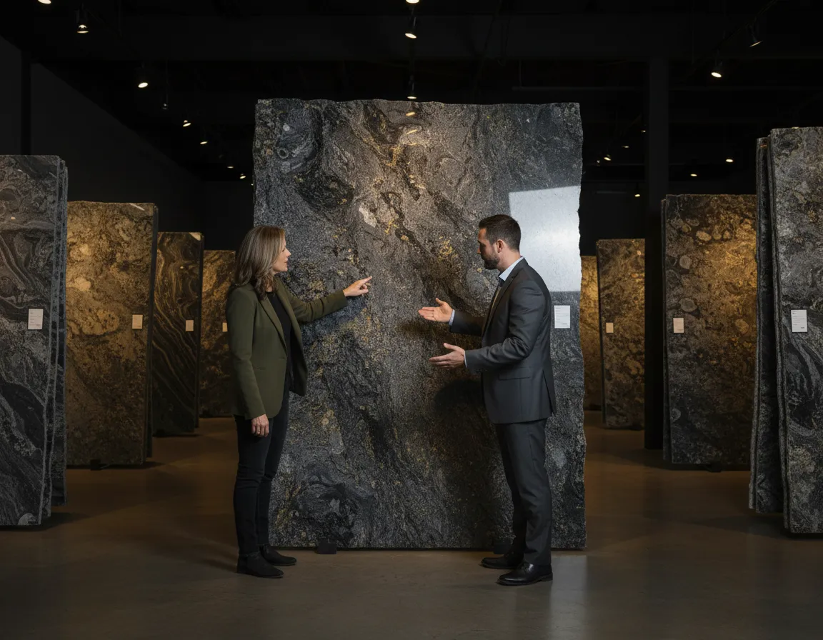 Customer selecting custom granite slab at a local Montgomery County showroom