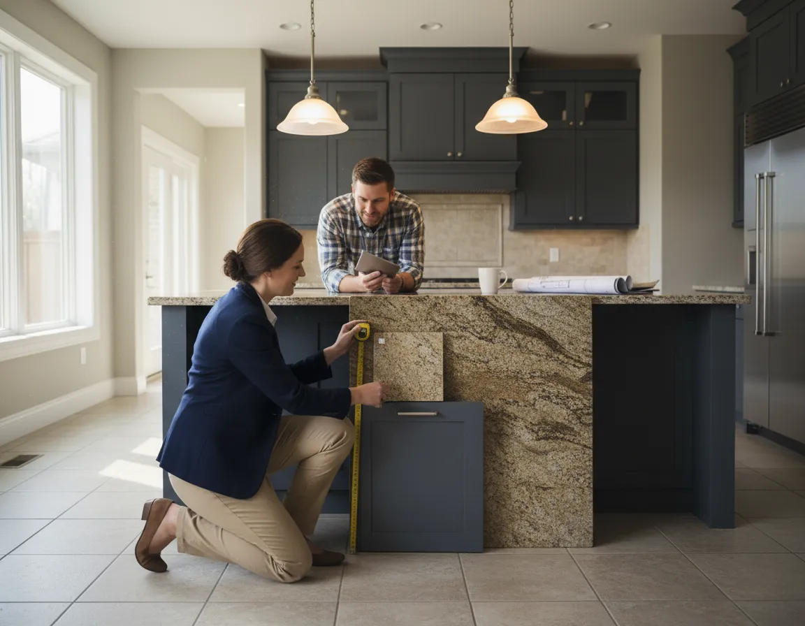 Design consultant measuring kitchen counters for granite in Porter TX