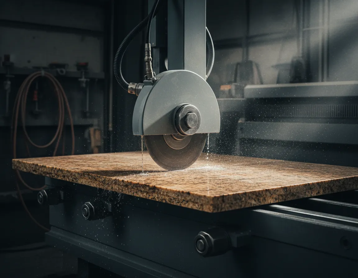 Fabrication process of cutting and polishing a granite kitchen island