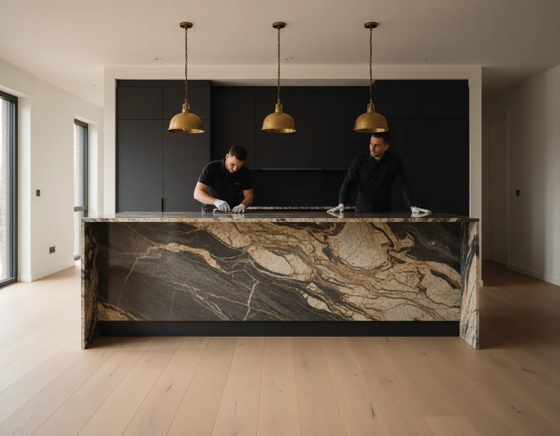 Professional contractors installing a finished granite countertop in a home