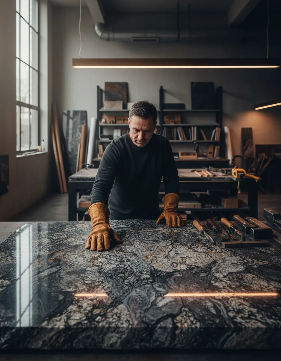 Master fabricator examining a raw granite slab for a Conroe residential upgrade