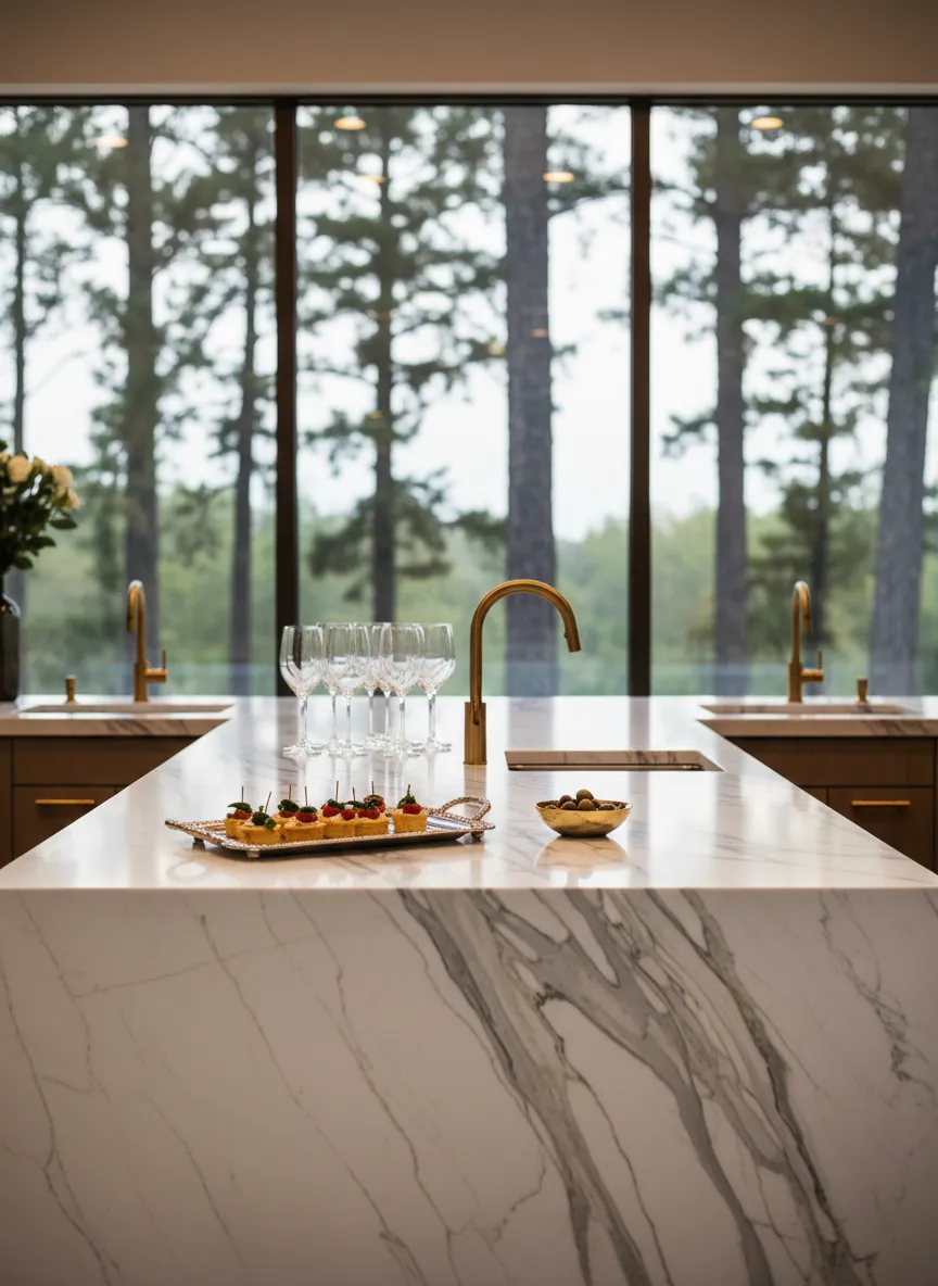 Premium marble countertop detail showcasing elegant veining and heat resistance in a custom Kingwood home