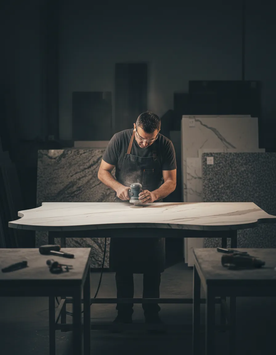 Master stone craftsman fabricating a custom marble countertop in Conroe