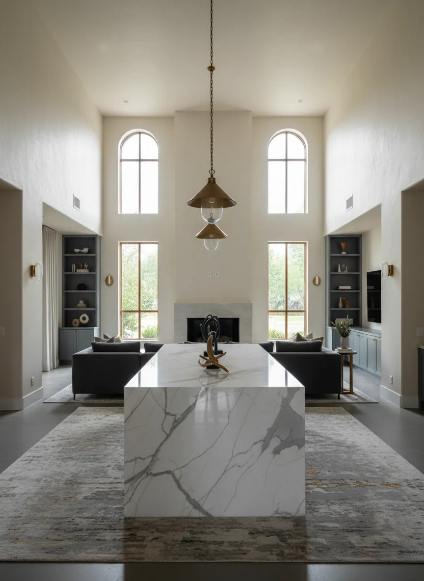 A sprawling lakeside estate interior in Atascocita featuring elegant marble countertops