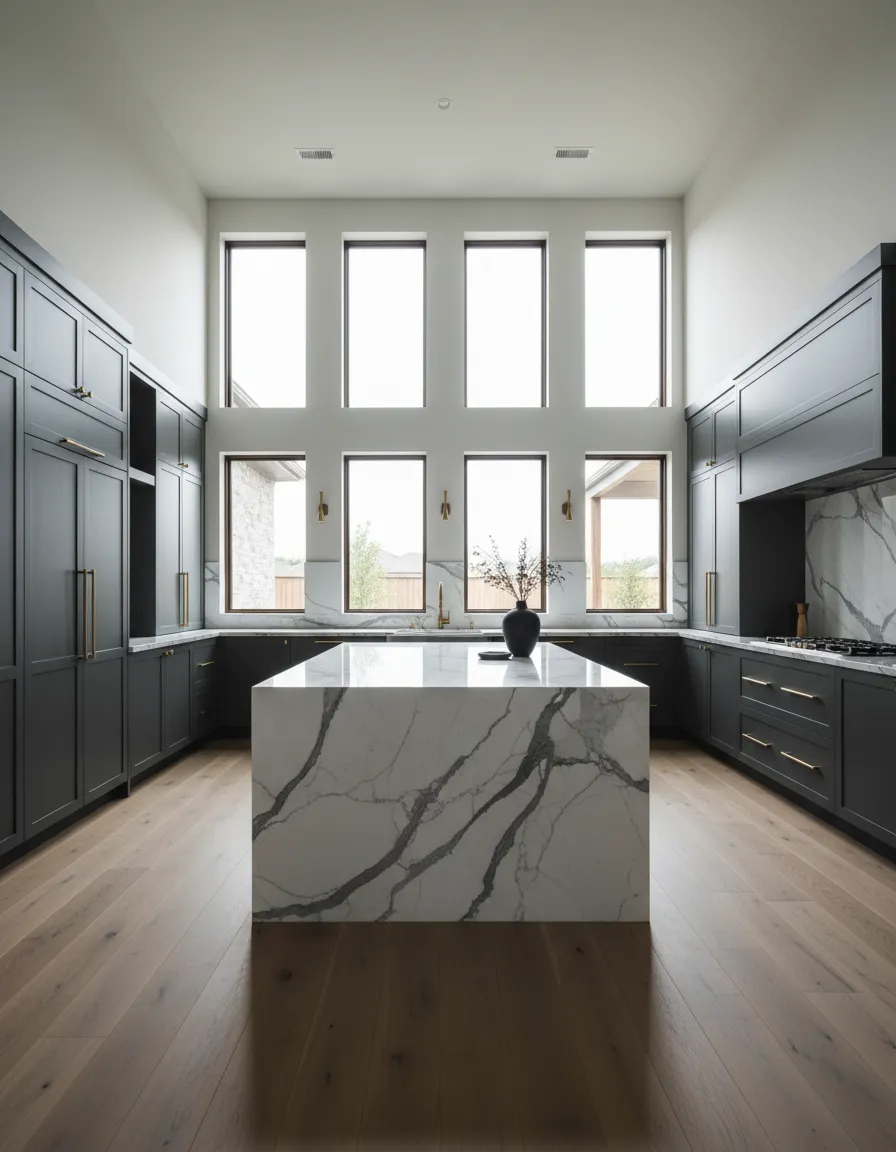 Luxurious Katy home interior featuring custom marble countertops with clean architectural lines