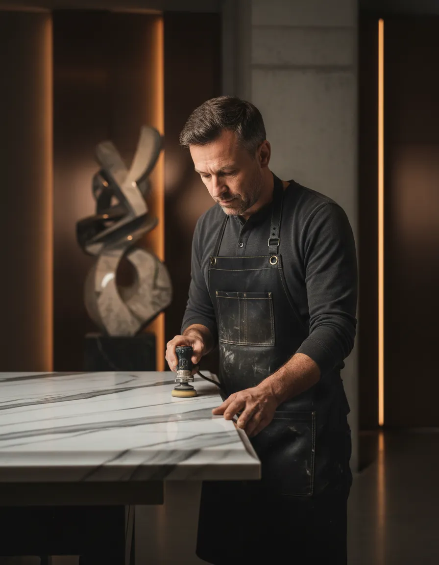 Master craftsman inspecting a finished marble edge for a custom countertop installation in The Woodlands