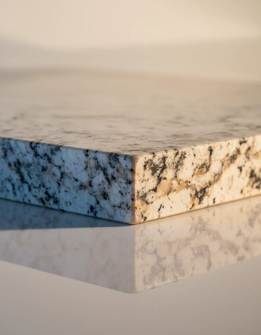 Custom granite countertop detail displaying fine craftsmanship and natural veining.