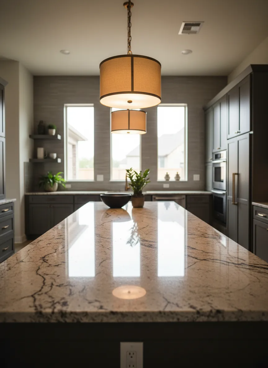 Luxurious interior granite kitchen in Sweetwater neighborhood Sugar Land