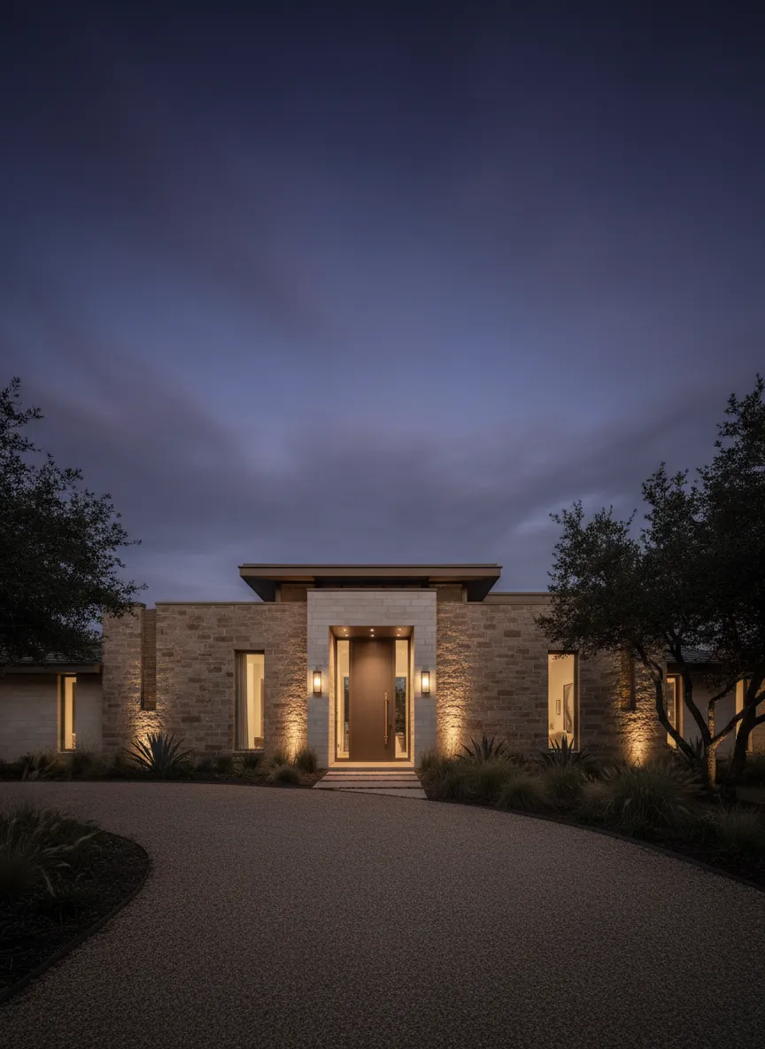 Luxurious Atascocita home exterior showcasing natural stone architecture