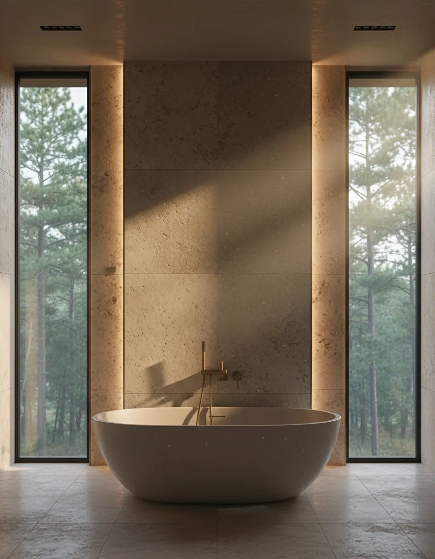 Warm natural stone bathroom showing organic modernism trends near San Jacinto River