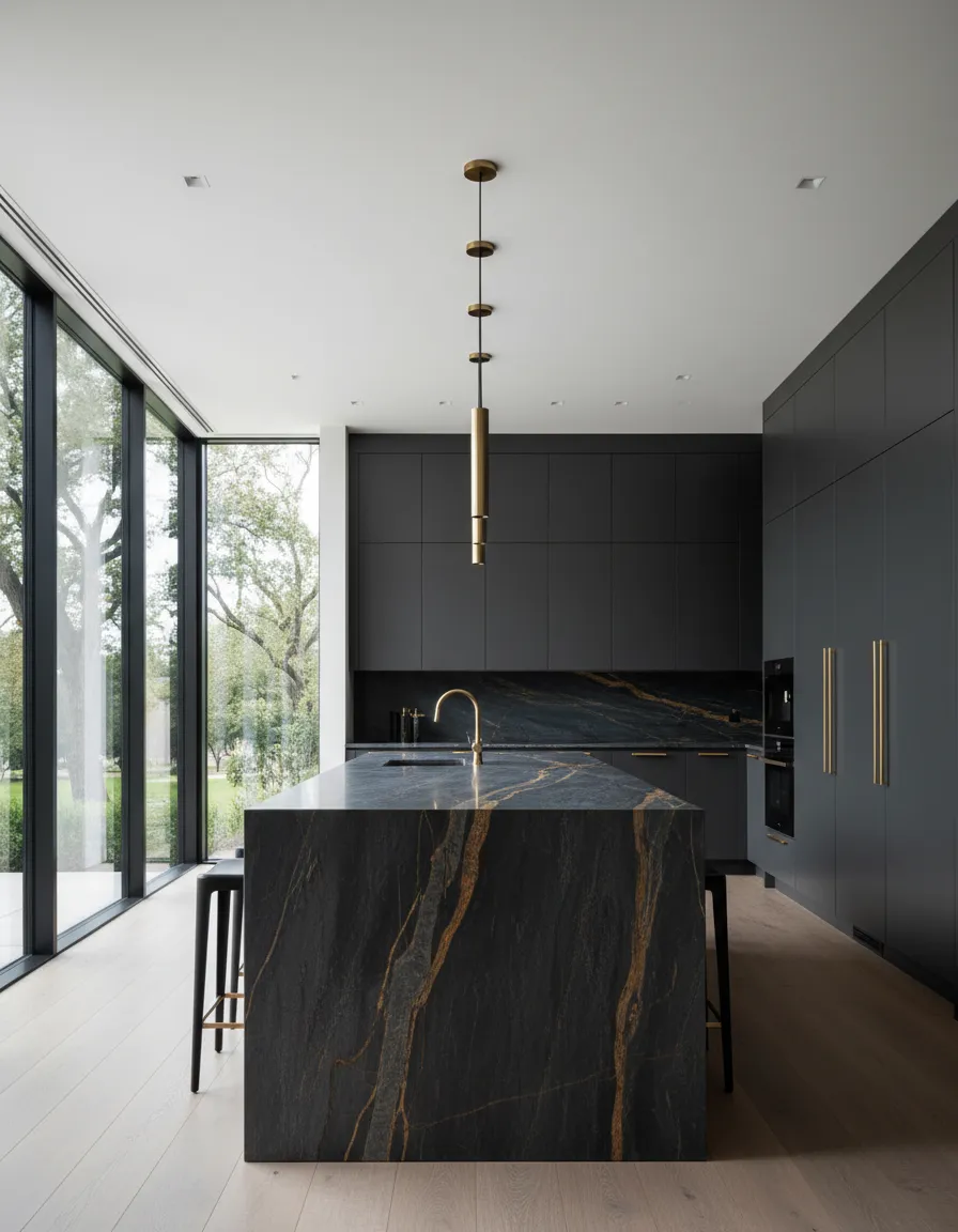 Open-concept kitchen featuring a massive stone island in Kingwood Park