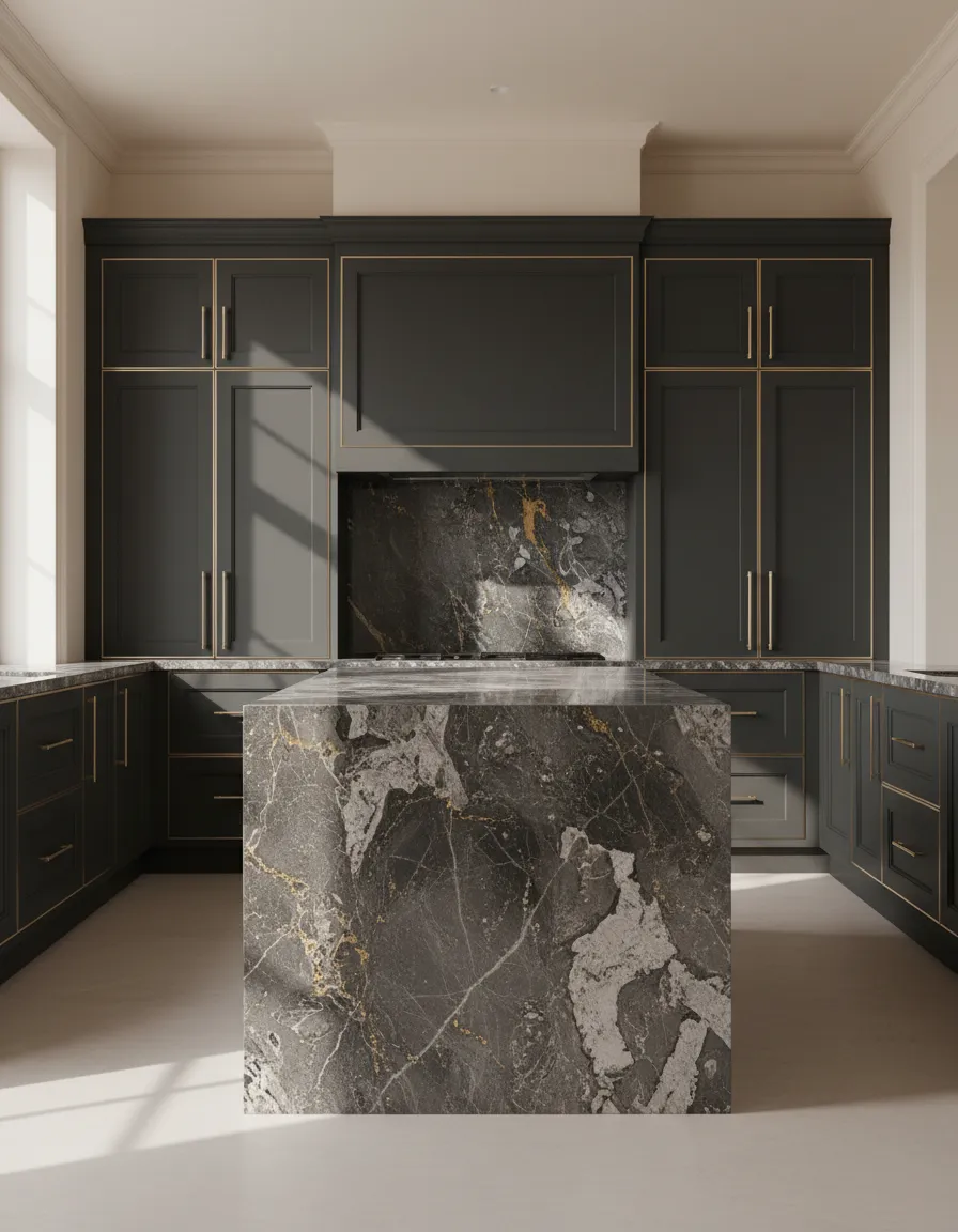 Luxury kitchen island with cascading granite waterfall edges in a Humble TX home