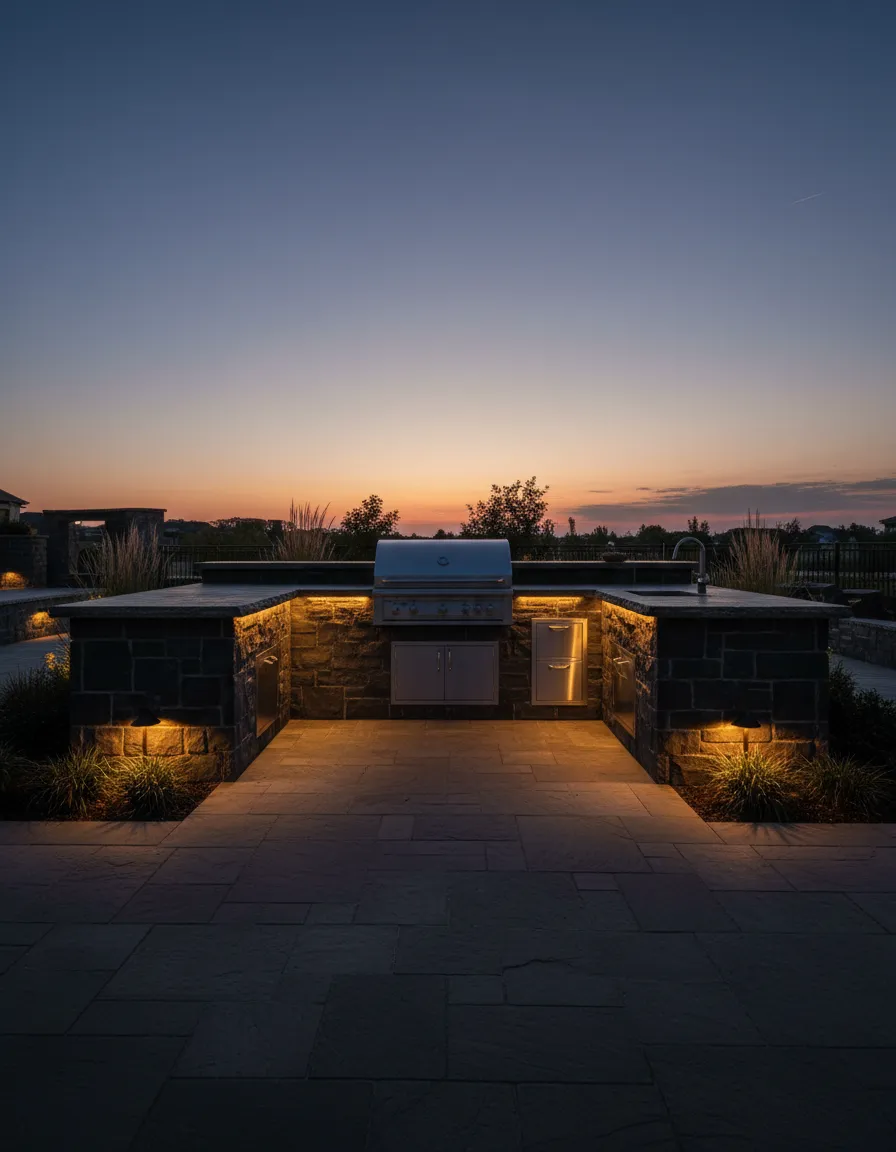 Custom granite outdoor kitchen suite with built-in professional grill in Texas