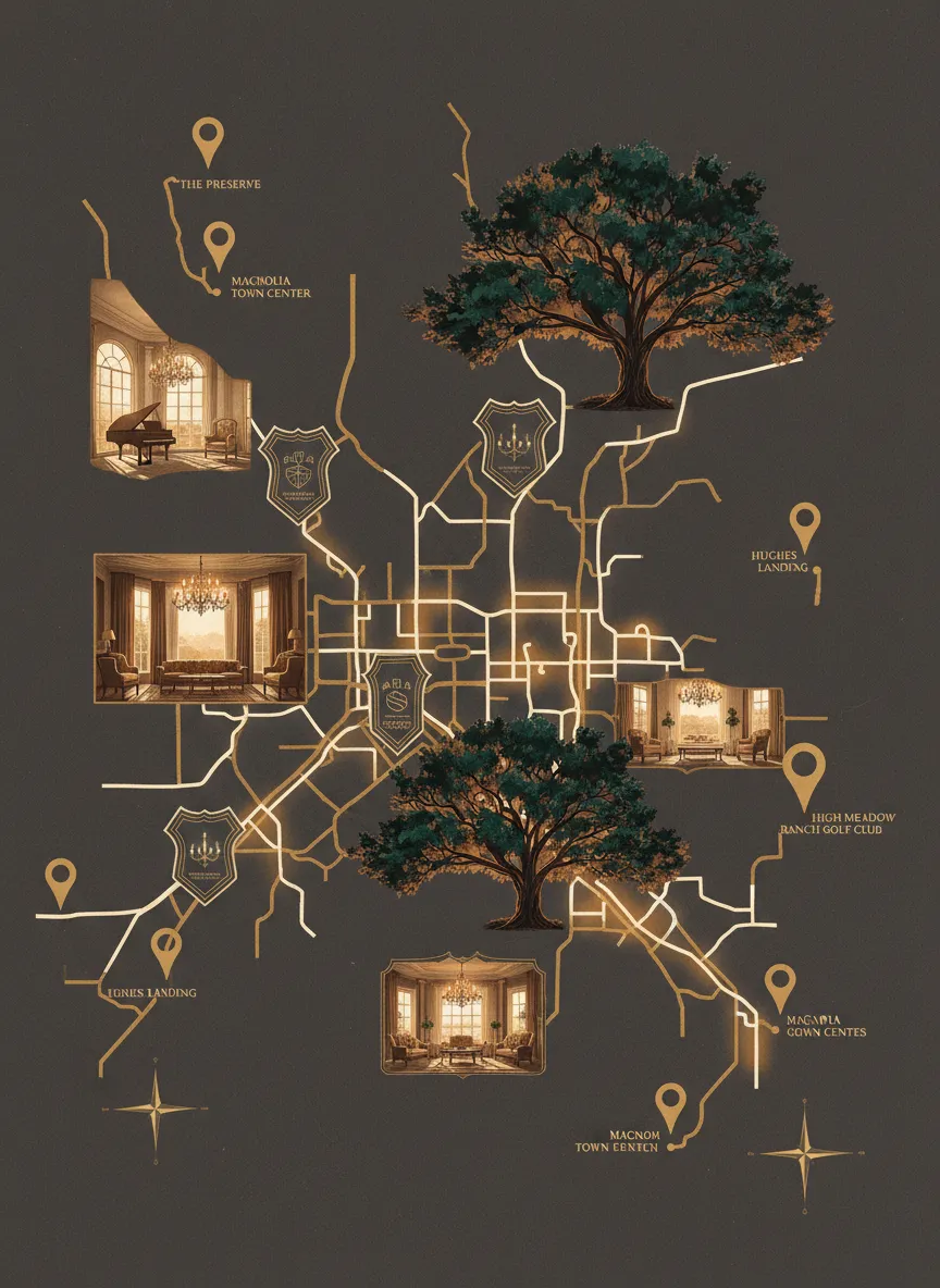 Stylized map and landmark representation of Magnolia Texas estates