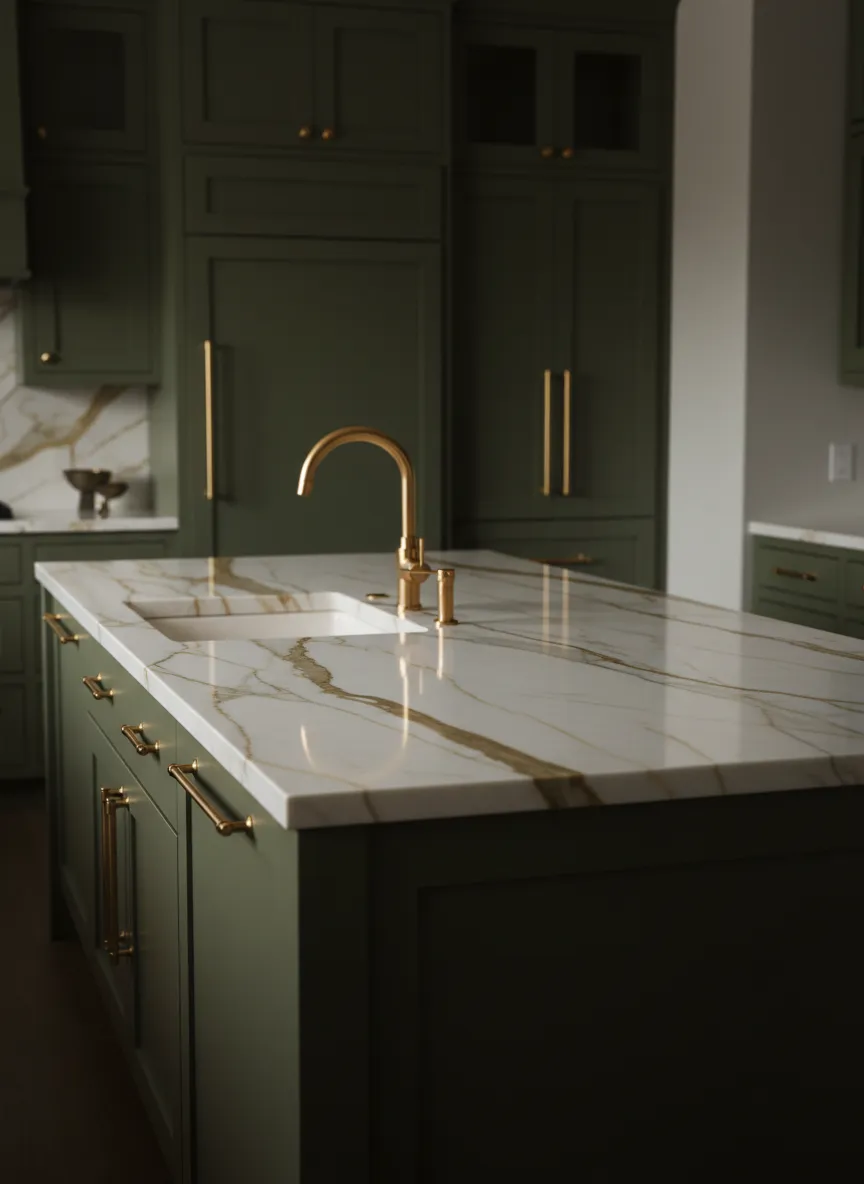 Calacatta gold marble island installation in Texas
